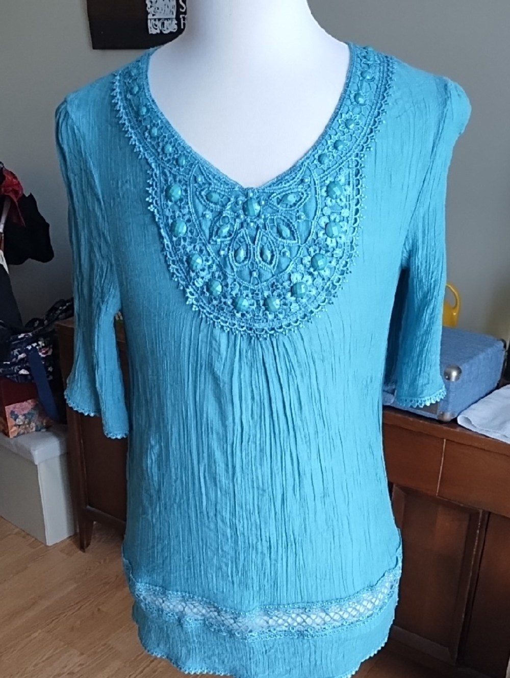 Embroidered Aqua Blue V-Neck Tunic Top